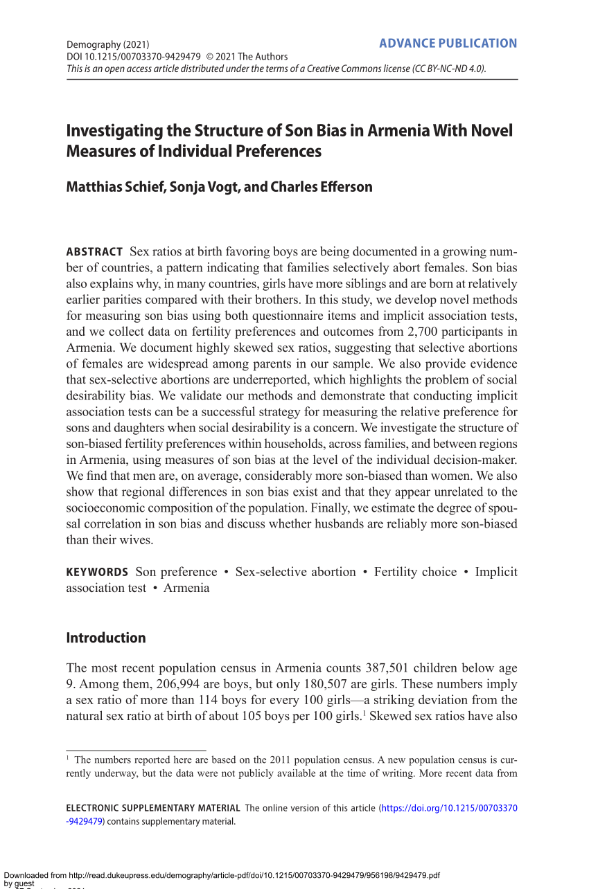 PDF) Investigating the Structure of Son Bias in Armenia With Novel Measures  of Individual Preferences