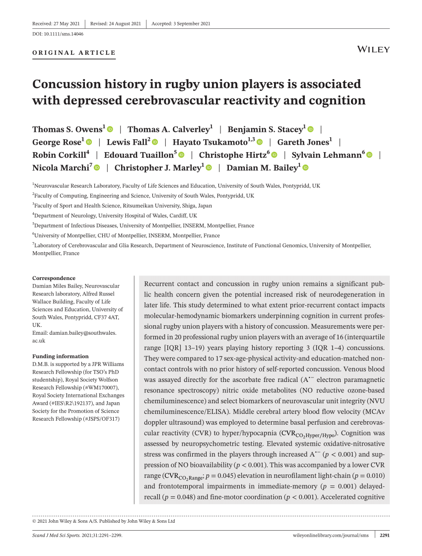 Concussion history in rugby union players is associated with depressed cerebrovascular reactivity and cognition Request image