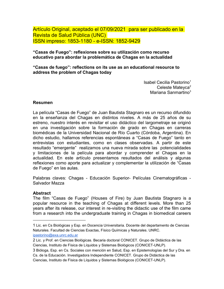 PDF) “Casas de Fuego”: reflexiones sobre su utilización como recurso  educativo para abordar la problemática de Chagas en la actualidad