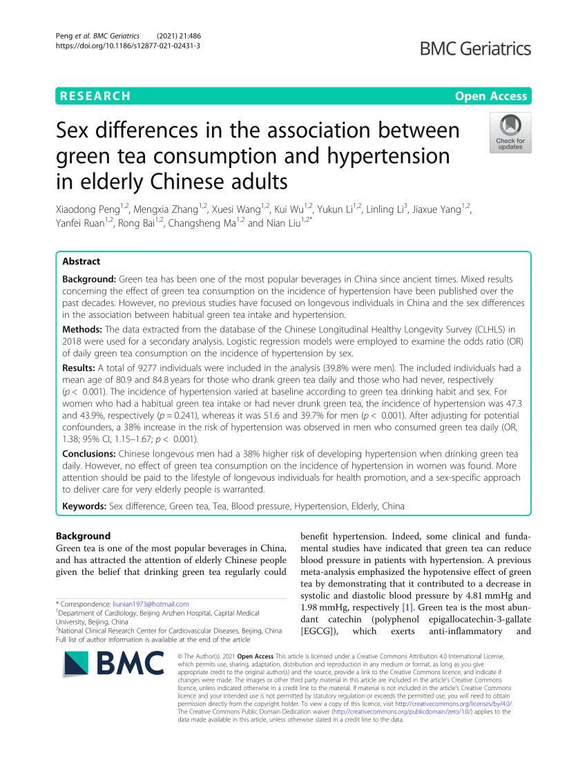 PDF) Sex differences in the association between green tea consumption and  hypertension in elderly Chinese adults