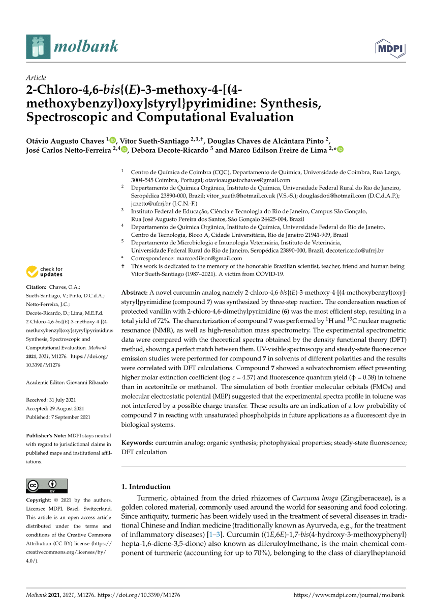 PDF) 2-Chloro-4,6-bis{(E)-3-methoxy-4-[(4-methoxybenzyl)oxy]styryl}pyrimidine:  Synthesis, Spectroscopic and Computational Evaluation