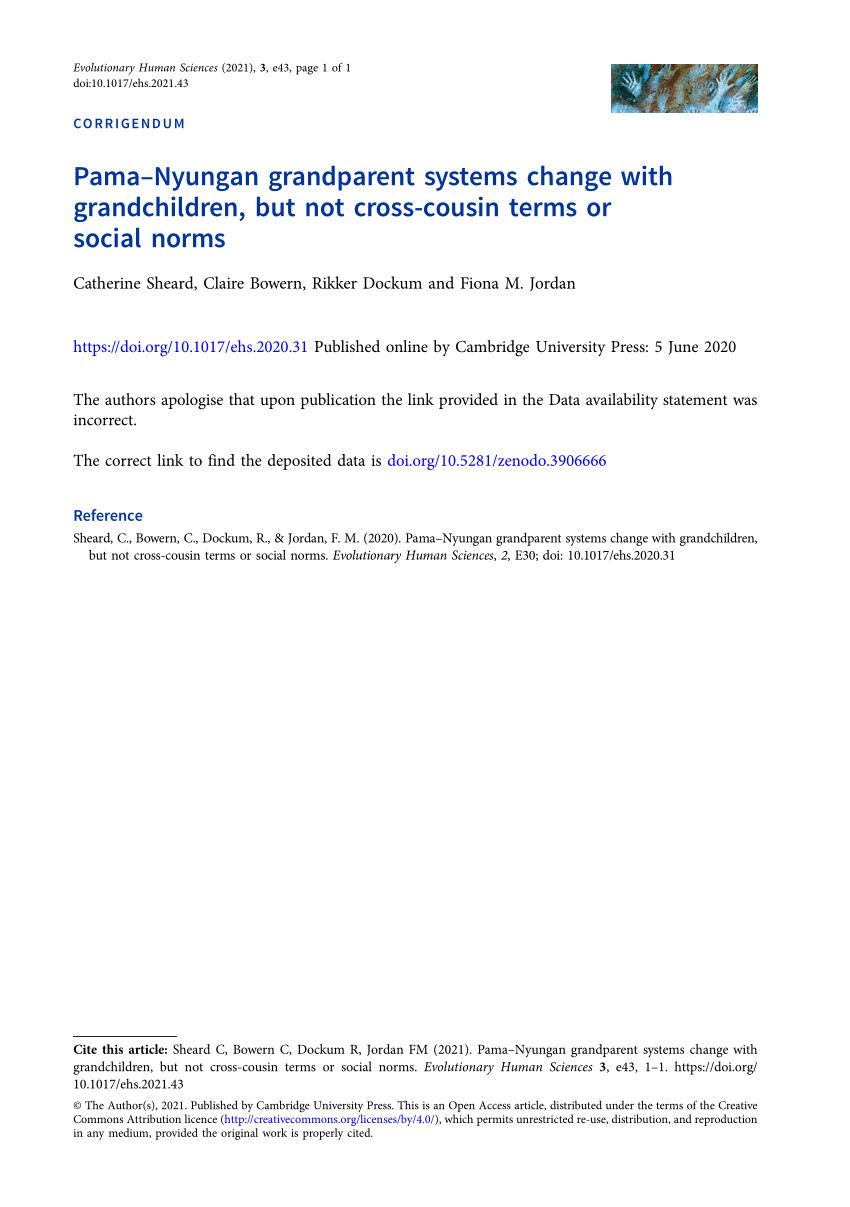 Pama–Nyungan grandparent systems change with grandchildren, but not  cross-cousin terms or social norms, Evolutionary Human Sciences