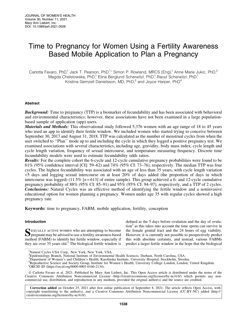 PDF) Time to Pregnancy for Women Using a Fertility Awareness Based Mobile  Application to Plan a Pregnancy