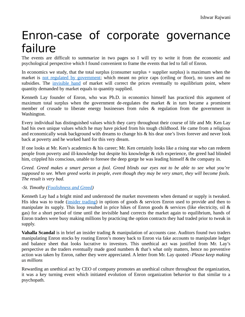 the enron case study history ethics and governance failures