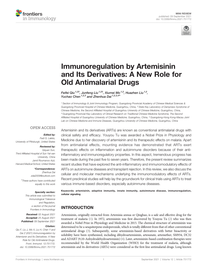Frontiers  Immunoregulation by Artemisinin and Its Derivatives: A New Role  for Old Antimalarial Drugs