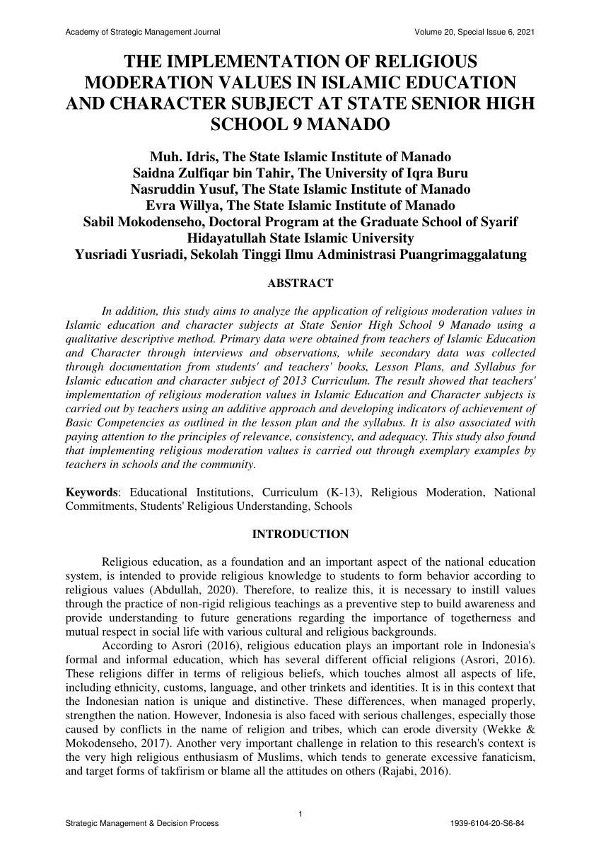 PDF) THE IMPLEMENTATION OF RELIGIOUS MODERATION VALUES IN ISLAMIC EDUCATION  AND CHARACTER SUBJECT AT STATE SENIOR HIGH SCHOOL 9 MANADO