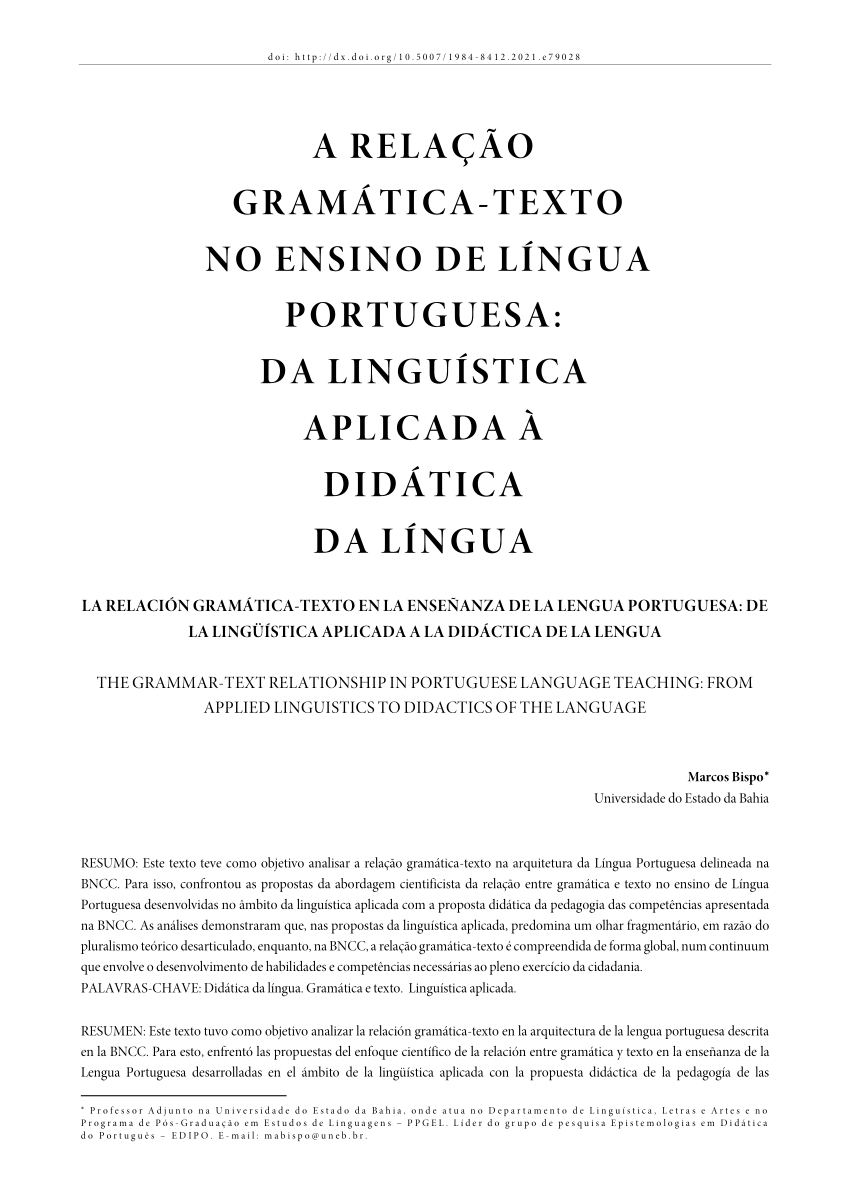 Pdf A Relação Gramática Texto No Ensino De Língua Portuguesa Da Linguística Aplicada à 8653