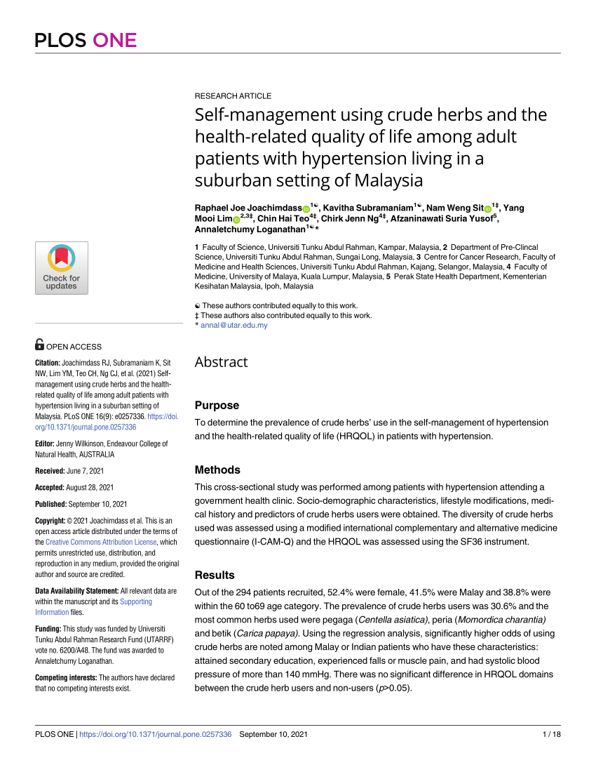 Pdf Self Management Using Crude Herbs And The Health Related Quality Of Life Among Adult Patients With Hypertension Living In A Suburban Setting Of Malaysia