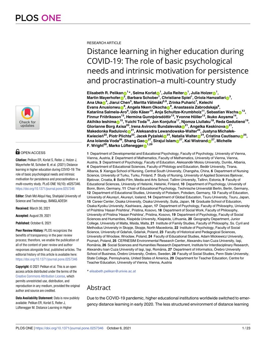 PDF) Distance learning in higher education during COVID-19: The role of  basic psychological needs and intrinsic motivation for persistence and  procrastination – A multi-country study