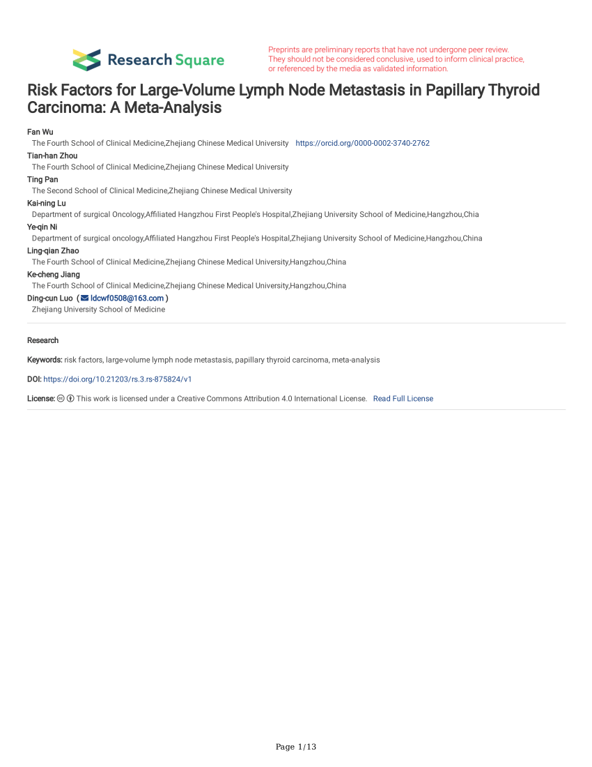 Pdf Risk Factors For Large Volume Lymph Node Metastasis In Papillary Thyroid Carcinoma A Meta 