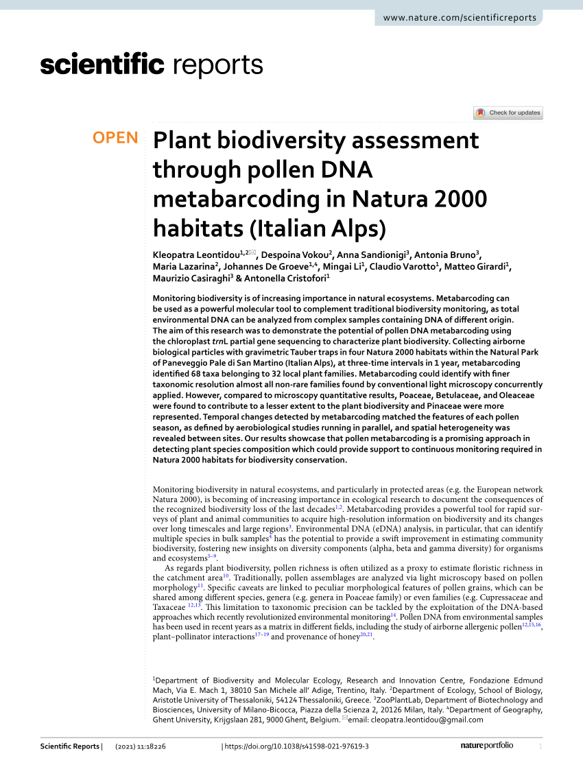 PDF) Plant biodiversity assessment through pollen DNA metabarcoding in  Natura 2000 habitats (Italian Alps)
