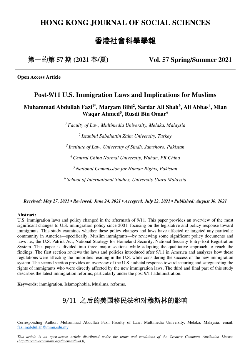 (PDF) Post9/11 U.S. Immigration Laws and Implications for Muslims