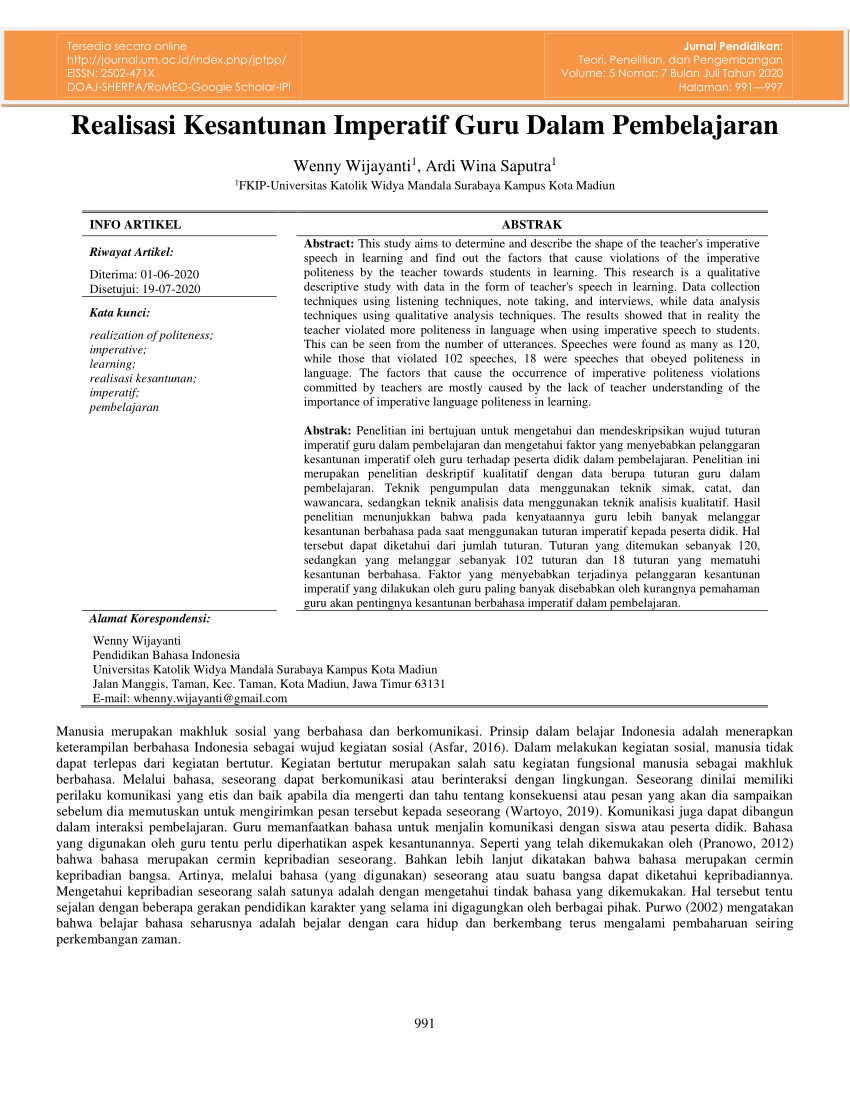 Pdf Realisasi Kesantunan Imperatif Guru Dalam Pembelajaran