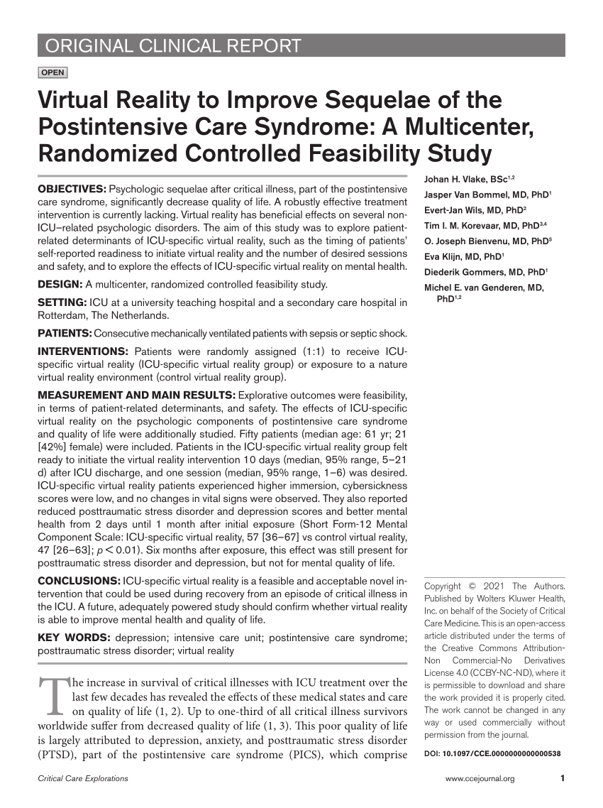 PDF) Virtual Reality to Improve Sequelae of the Postintensive Care