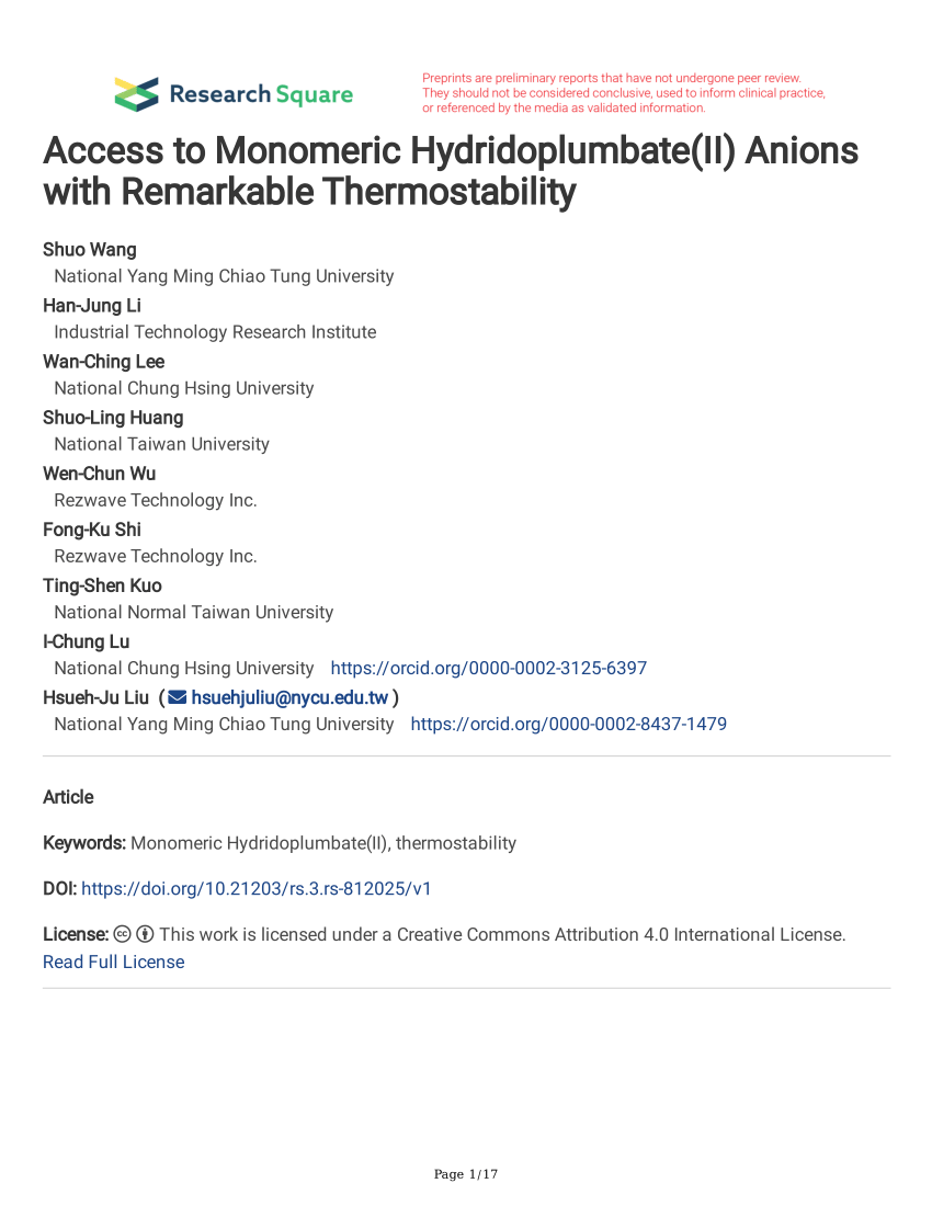 PDF) Access to Monomeric Hydridoplumbate(II) Anions with Remarkable  Thermostability