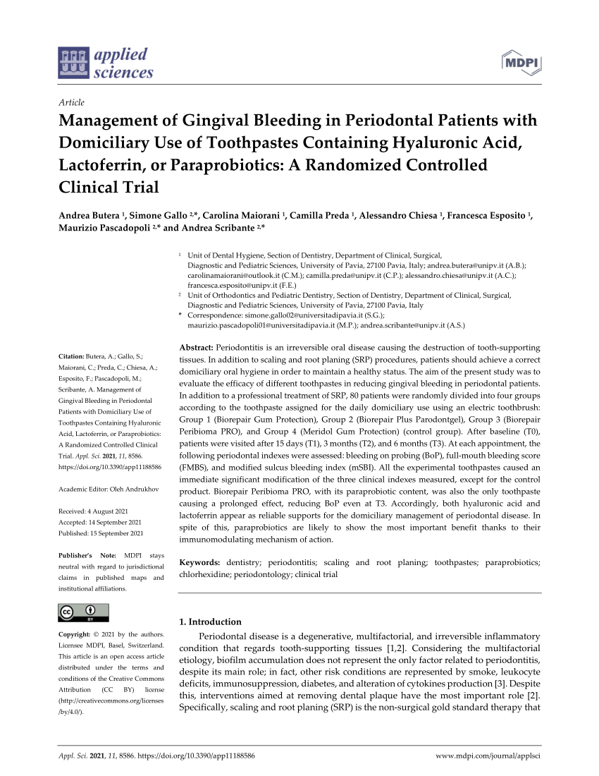 PDF) Management of Gingival Bleeding in Periodontal Patients with  Domiciliary Use of Toothpastes Containing Hyaluronic Acid, Lactoferrin, or  Paraprobiotics: A Randomized Controlled Clinical Trial
