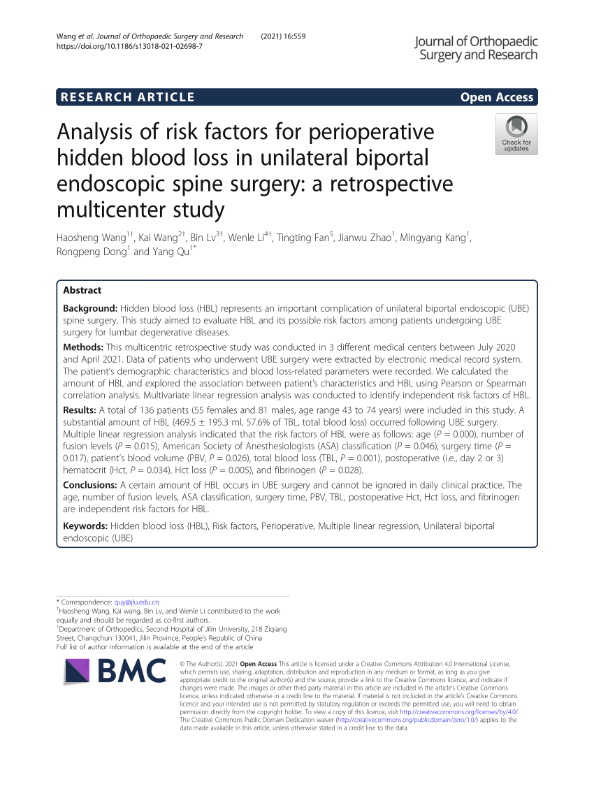 PDF Analysis Of Risk Factors For Perioperative Hidden Blood Loss In Unilateral Biportal