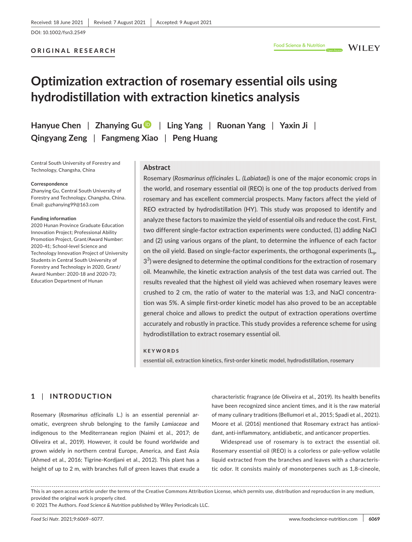 PDF) Optimization extraction of rosemary essential oils using  hydrodistillation with extraction kinetics analysis