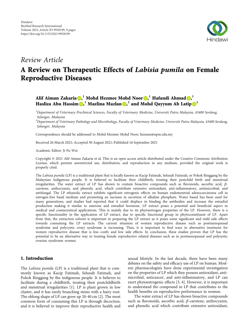 PDF) A on Therapeutic of Labisia pumila on Female Diseases