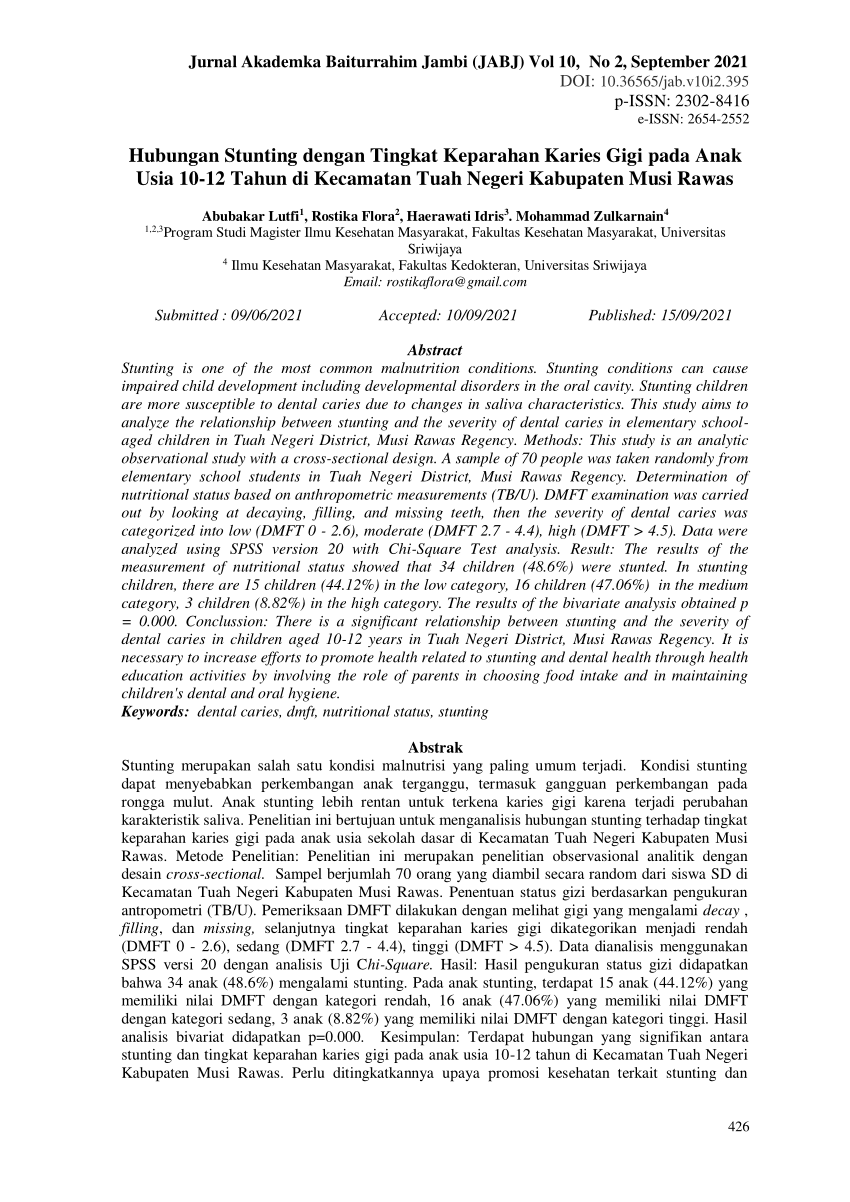 (PDF) Hubungan Stunting dengan Tingkat Keparahan Karies Gigi pada Anak