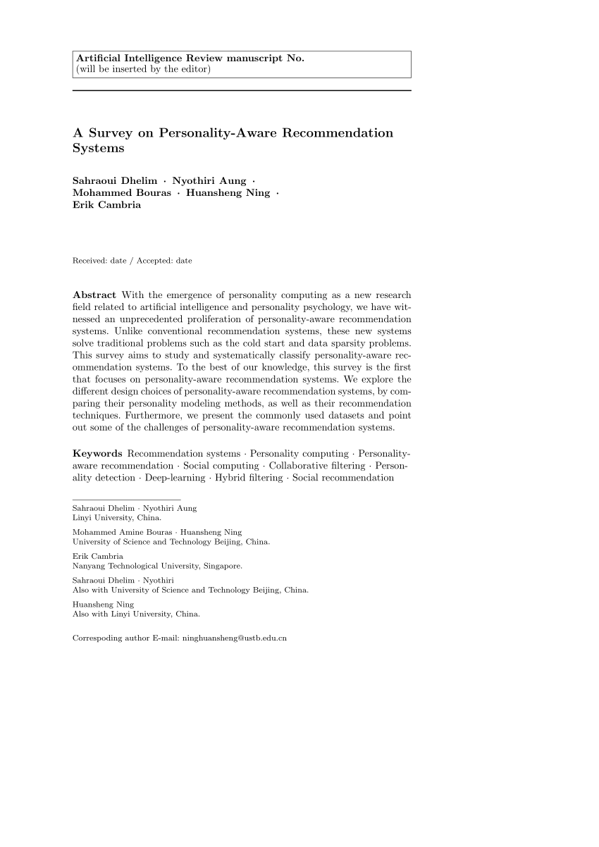 Pdf A Survey On Personality Aware Recommendation Systems