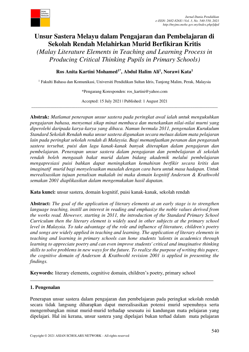 Pdf Unsur Sastera Melayu Dalam Pengajaran Dan Pembelajaran Di Sekolah Rendah Melahirkan Murid Berfikiran Kritis Malay Literature Elements In Teaching And Learning Process In Producing Critical Thinking Pupils In Primary Schools