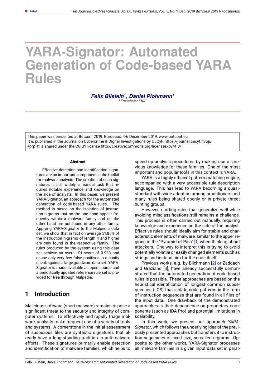 (PDF) YARASignator Automated Generation of Codebased YARA Rules