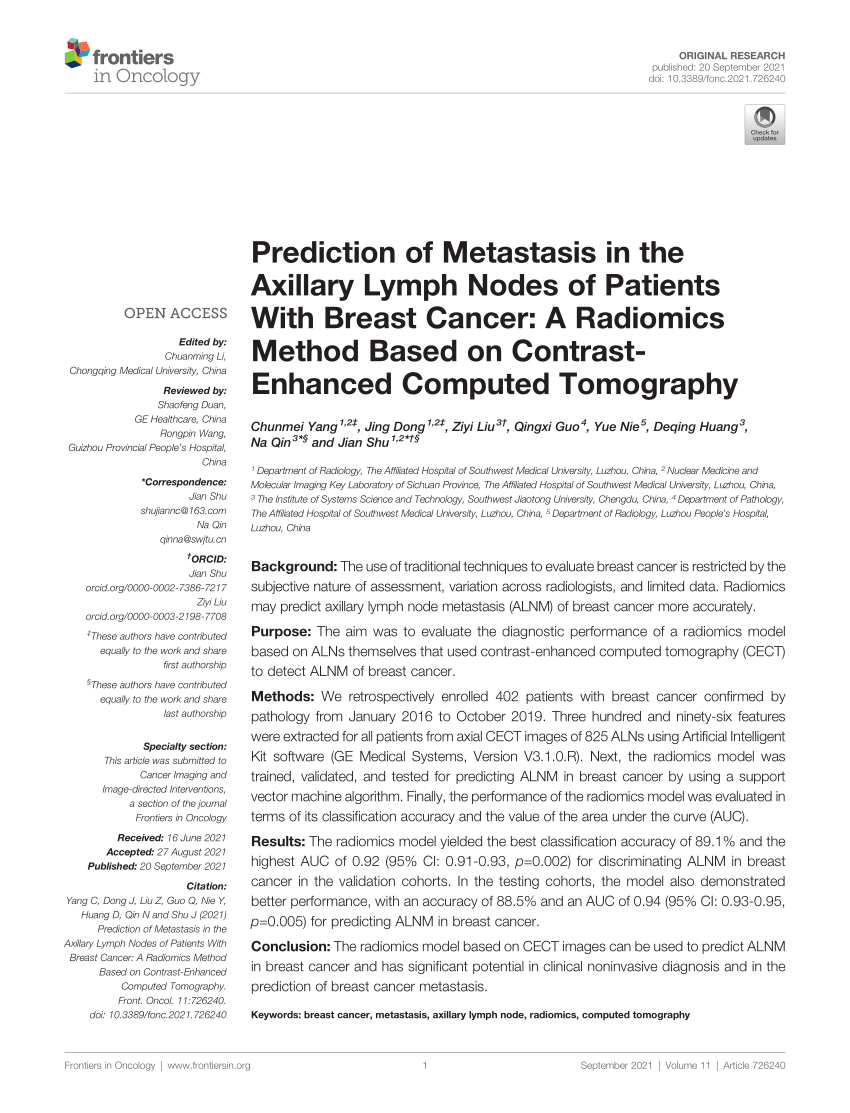 Pdf Prediction Of Metastasis In The Axillary Lymph Nodes Of Patients With Breast Cancer A 