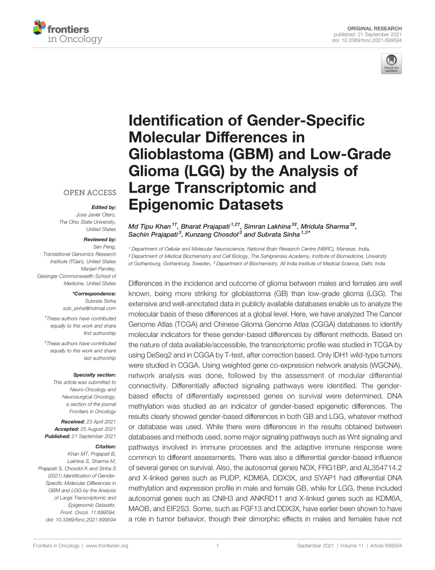 Pdf Identification Of Gender Specific Molecular Differences In Gbm And Lgg By The Analysis Of