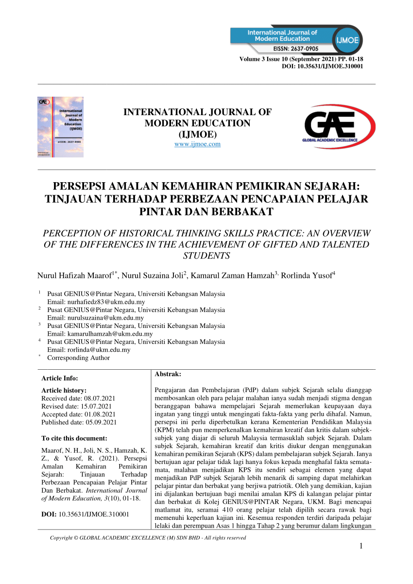 Pdf Perception Of Historical Thinking Skills Practice An Overview Of The Differences In The Achievement Of Gifted And Talented Students