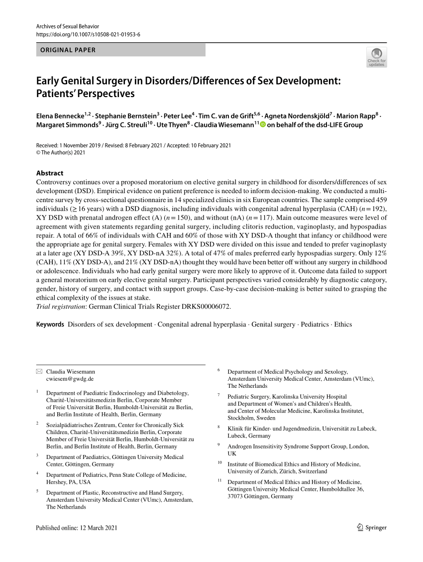 Pdf Early Genital Surgery In Disordersdifferences Of Sex Development Patients Perspectives 8945