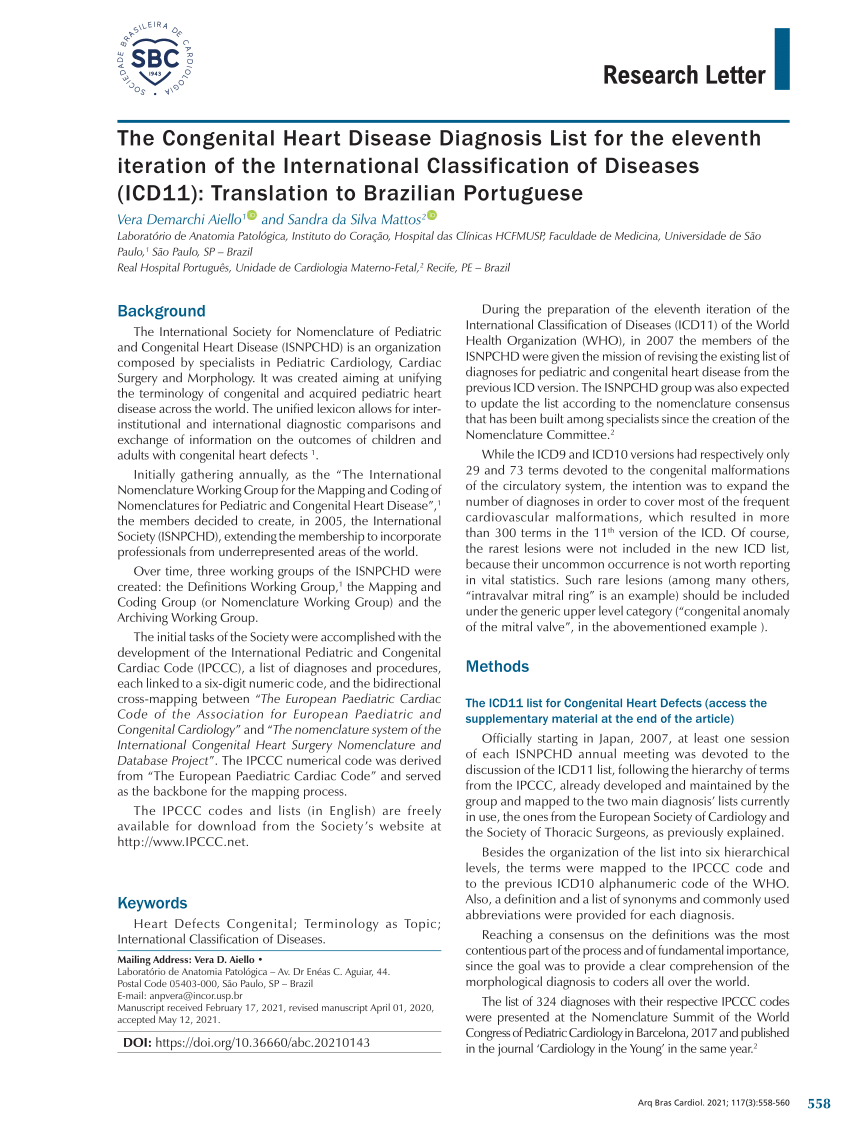 Pdf Lista De Diagnósticos De Cardiopatias Congênitas Da Classificação Internacional De Doenças 4118