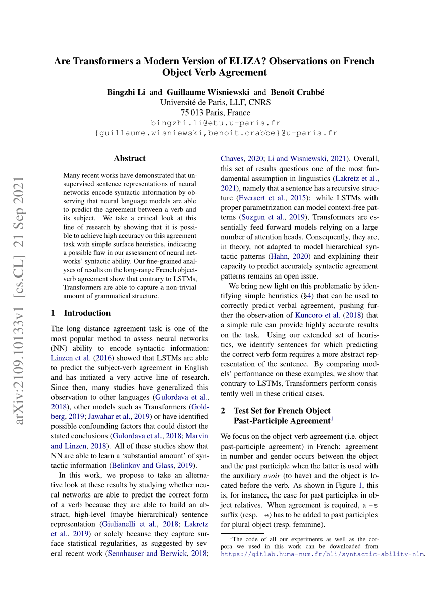 PDF) Are Transformers a Modern Version of ELIZA? Observations on French  Object Verb Agreement