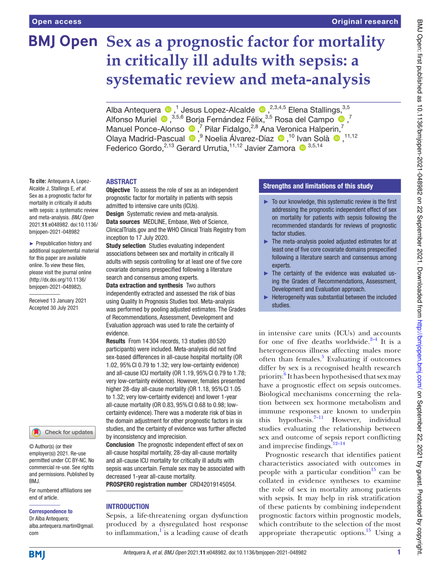 Pdf Sex As A Prognostic Factor For Mortality In Critically Ill Adults With Sepsis A 3590