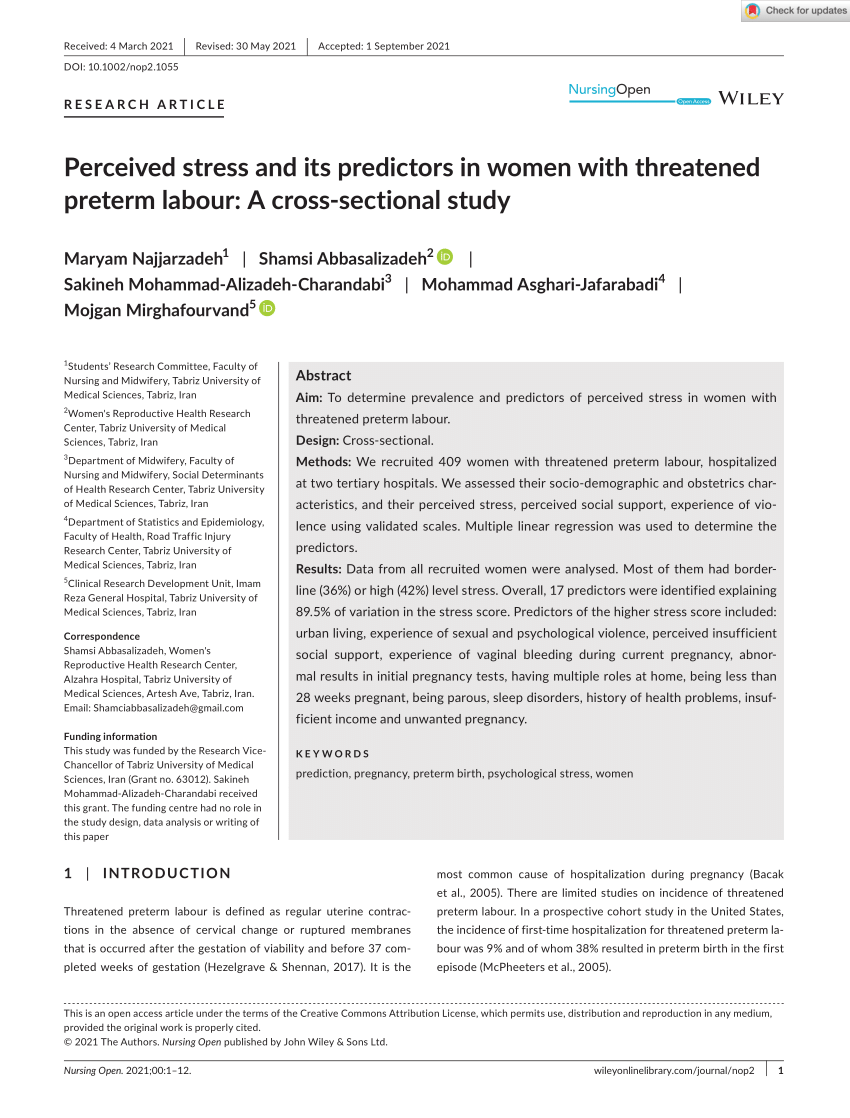 Pdf Perceived Stress And Its Predictors In Women With Threatened Preterm Labour A Cross Sectional Study