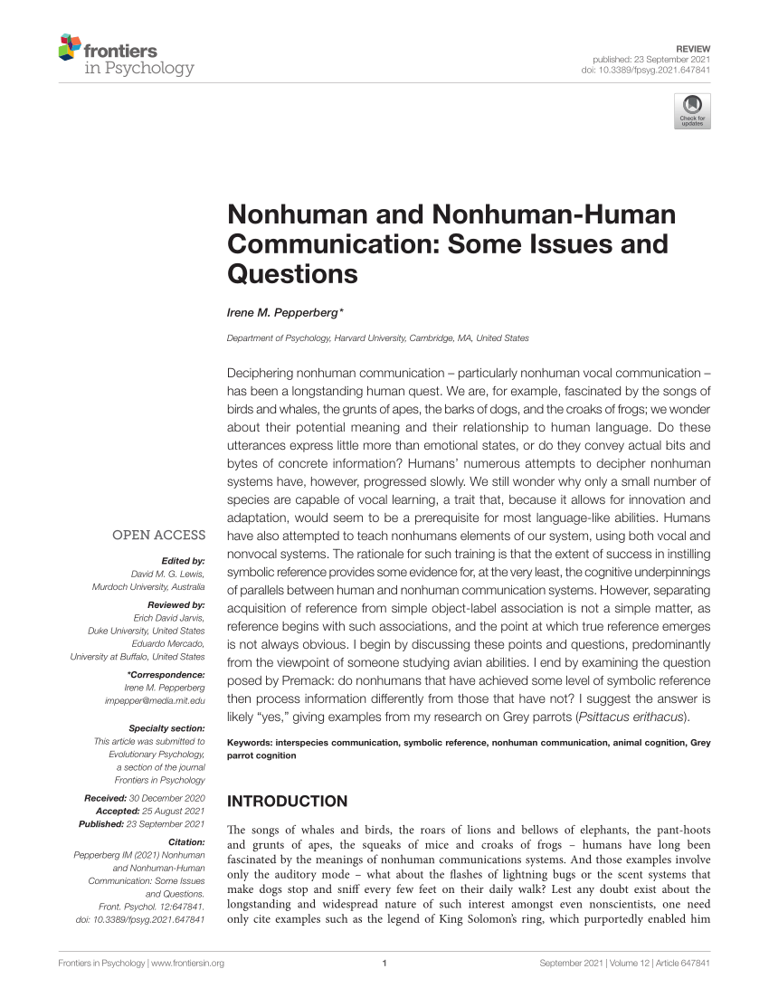 PDF) Nonhuman and Nonhuman-Human Communication: Some Issues and Questions