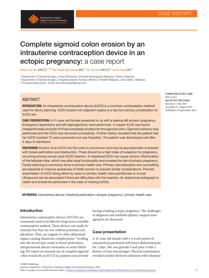 Pdf Complete Sigmoid Colon Erosion By An Intrauterine Contraception Device In An Ectopic 0032