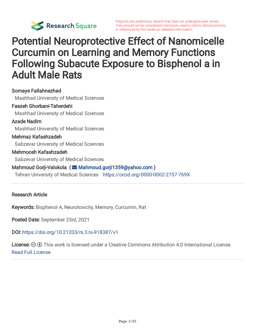 PDF) Potential Neuroprotective Effect of Nanomicelle Curcumin on Learning  and Memory Functions Following Subacute Exposure to Bisphenol a in Adult  Male Rats