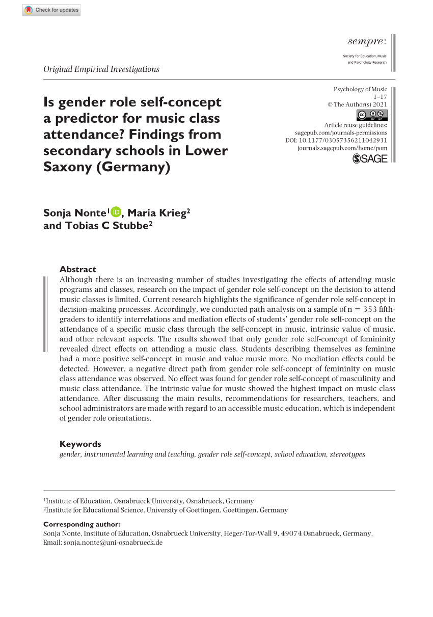 Pdf) Is Gender Role Self-Concept A Predictor For Music Class Attendance?  Findings From Secondary Schools In Lower Saxony (Germany)