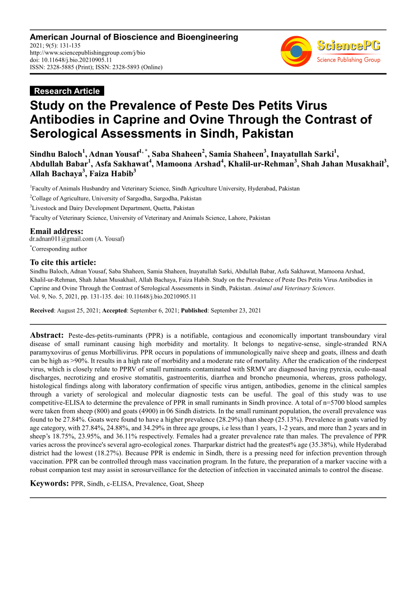PDF) Study on the Prevalence of Peste Des Petits Virus Antibodies in  Caprine and Ovine Through the Contrast of Serological Assessments in Sindh,  Pakistan