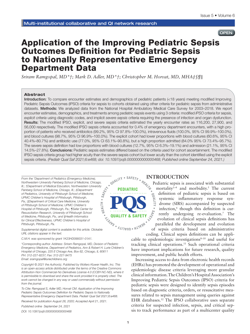 Pdf Application Of The Improving Pediatric Sepsis Outcomes Definition