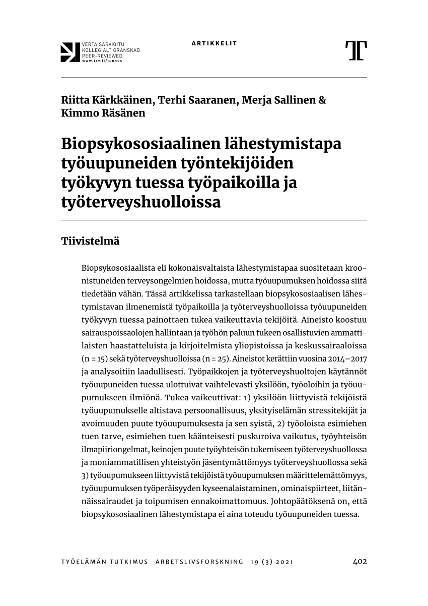 PDF) Biopsykososiaalinen lähestymistapa työuupuneiden työntekijöiden  työkyvyn tuessa työpaikoilla ja työterveyshuolloissa