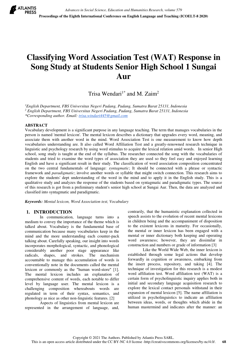 (PDF) Classifying Word Association Test (WAT) Response in Song Study at