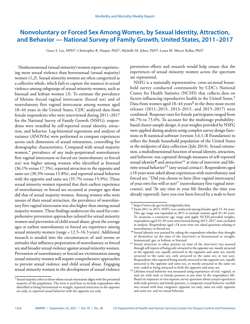 PDF) Nonvoluntary or Forced Sex Among Women, by Sexual Identity,  Attraction, and Behavior — National Survey of Family Growth, United States,  2011–2017