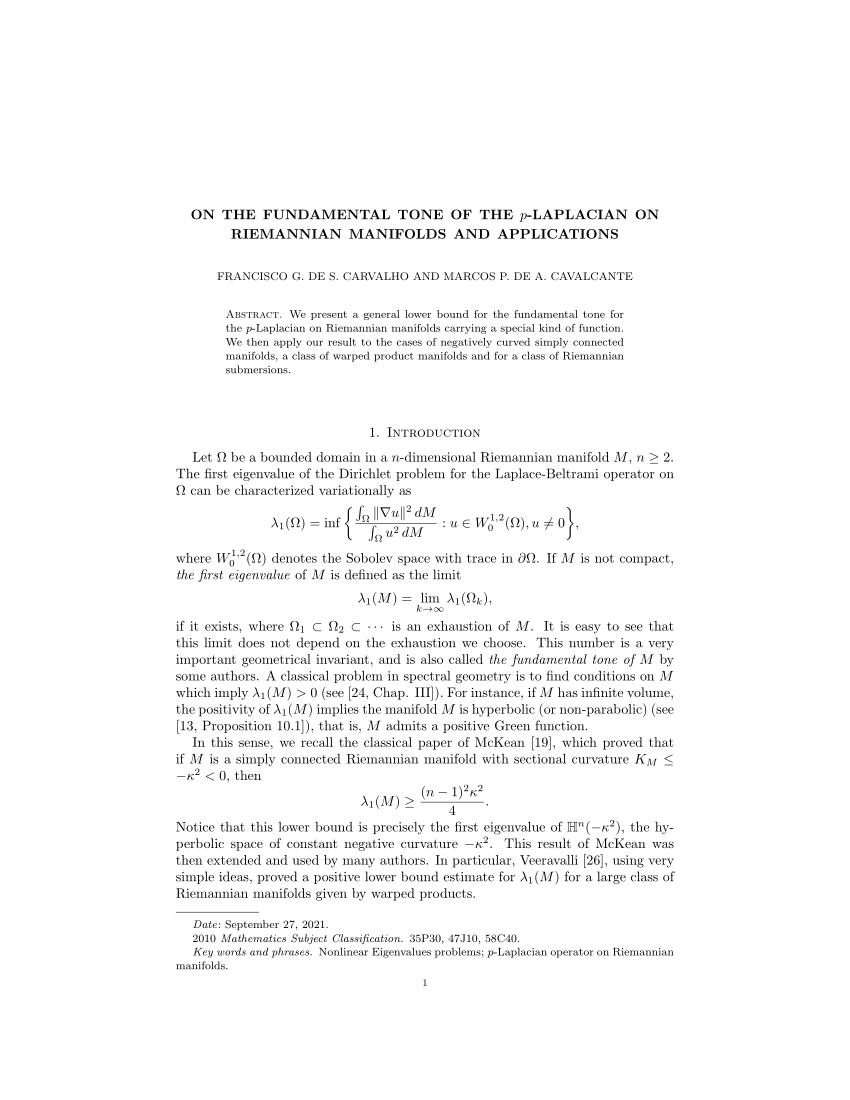 (PDF) On the fundamental tone of the p-Laplacian on Riemannian ...