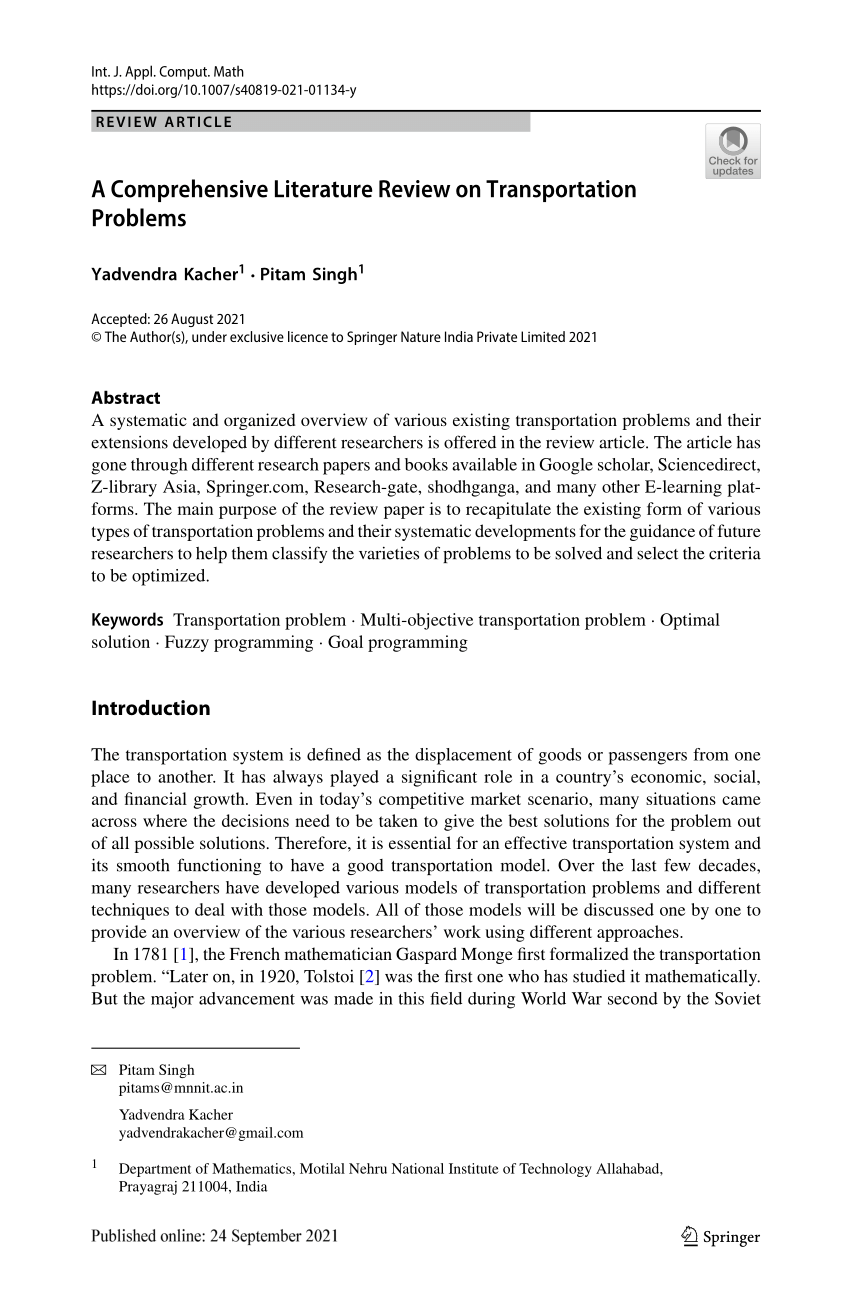 literature review transportation problem pdf