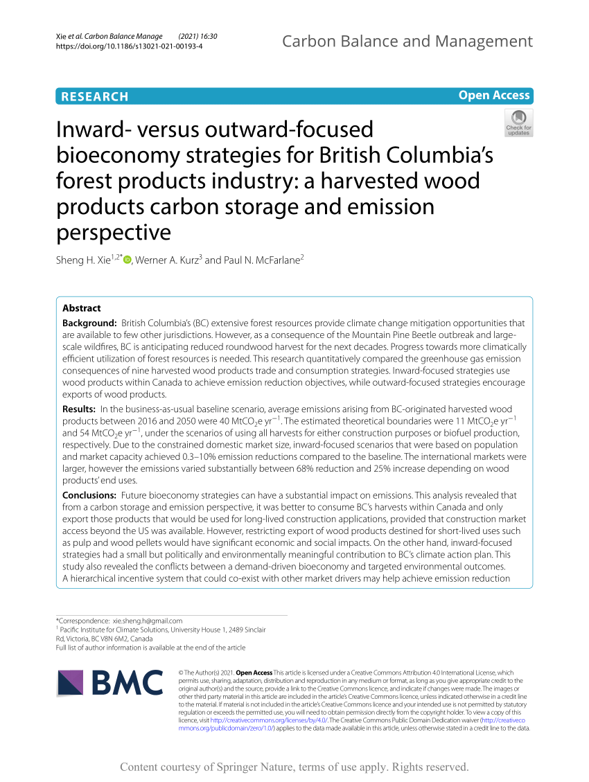 PDF) Inward- versus outward-focused bioeconomy strategies for British  Columbia's forest products industry: a harvested wood products carbon  storage and emission perspective