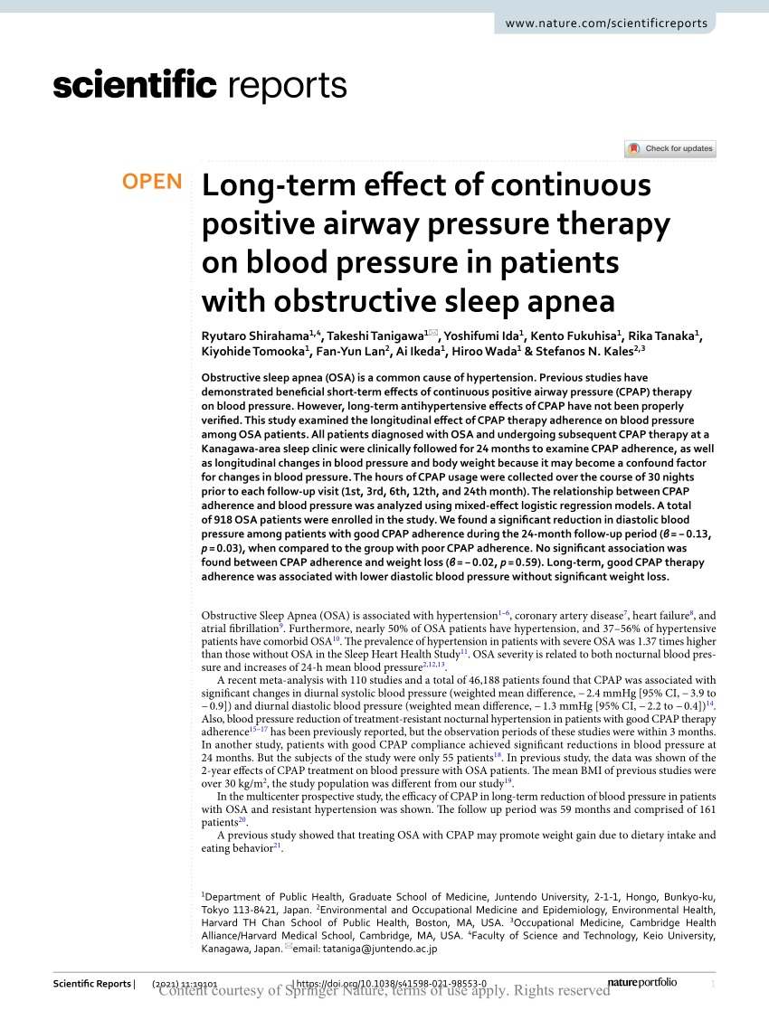 PDF) Long-term effect of continuous positive airway pressure therapy on  blood pressure in patients with obstructive sleep apnea