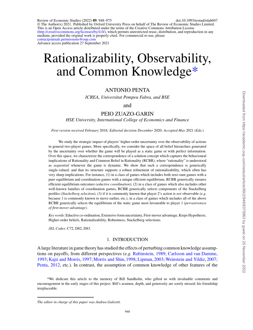 (PDF) Rationalizability, Observability and Common Knowledge