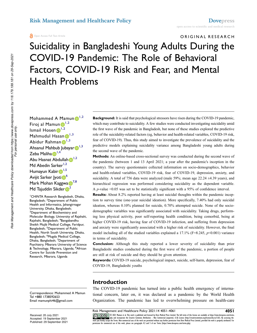 PDF) Suicidality in Bangladeshi Young Adults During the COVID-19 pandemic The Role of Behavioral Factors, COVID-19 Risk and Fear, and Mental Health Problems photo
